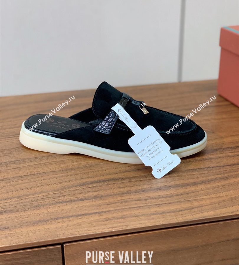 Loro Piana Charms Walk Babouche Loafer Mules in Suede and Crocodile-Like Leaher Inserts Black 2025 (HH-250708012)