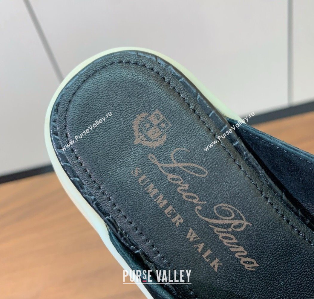 Loro Piana Charms Walk Babouche Loafer Mules in Suede and Crocodile-Like Leaher Inserts Black 2025 (HH-250708012)