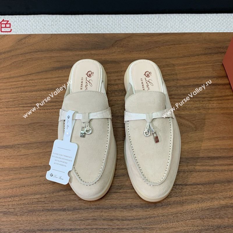 Loro Piana Charms Walk Babouche Loafer Mules in Suede and Crocodile-Like Leaher Inserts Light Apricot 2025 (HH-250708013)