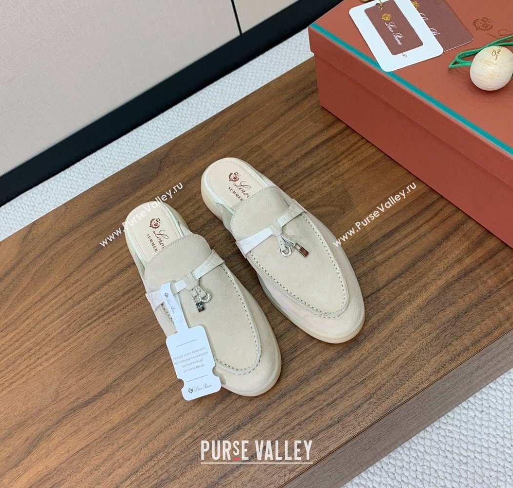Loro Piana Charms Walk Babouche Loafer Mules in Suede and Crocodile-Like Leaher Inserts Light Apricot 2025 (HH-250708013)