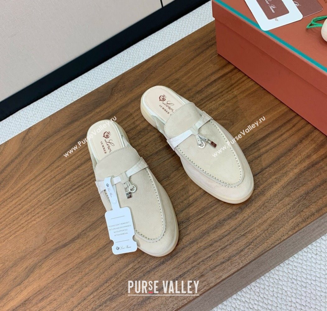 Loro Piana Charms Walk Babouche Loafer Mules in Suede and Crocodile-Like Leaher Inserts Light Apricot 2025 (HH-250708013)