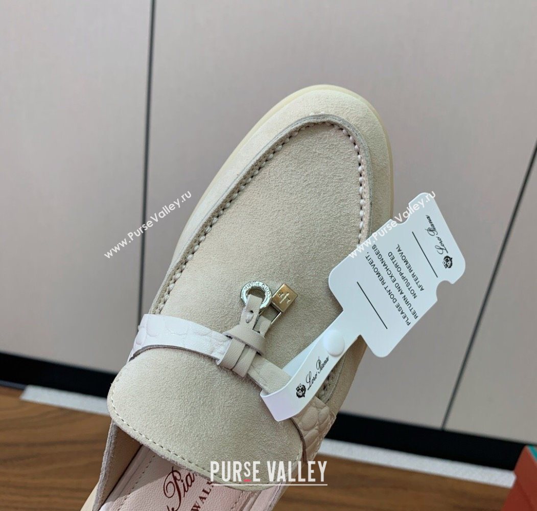 Loro Piana Charms Walk Babouche Loafer Mules in Suede and Crocodile-Like Leaher Inserts Light Apricot 2025 (HH-250708013)