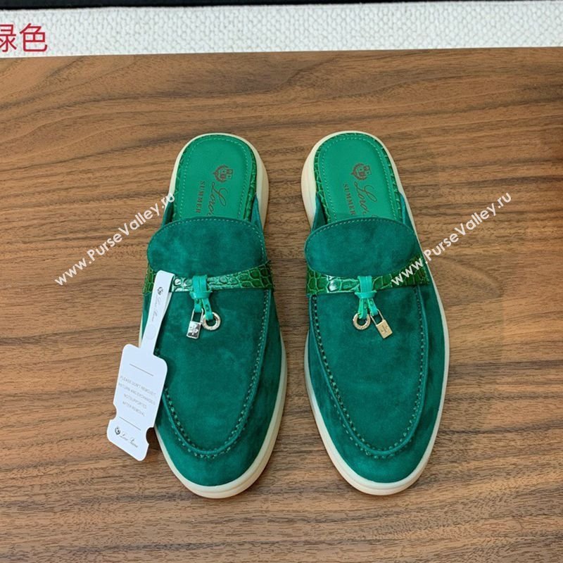 Loro Piana Charms Walk Babouche Loafer Mules in Suede and Crocodile-Like Leaher Inserts Dark Green 2025 (HH-250708014)