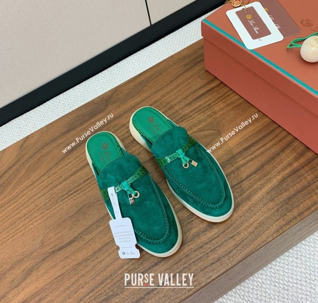 Loro Piana Charms Walk Babouche Loafer Mules in Suede and Crocodile-Like Leaher Inserts Dark Green 2025 (HH-250708014)