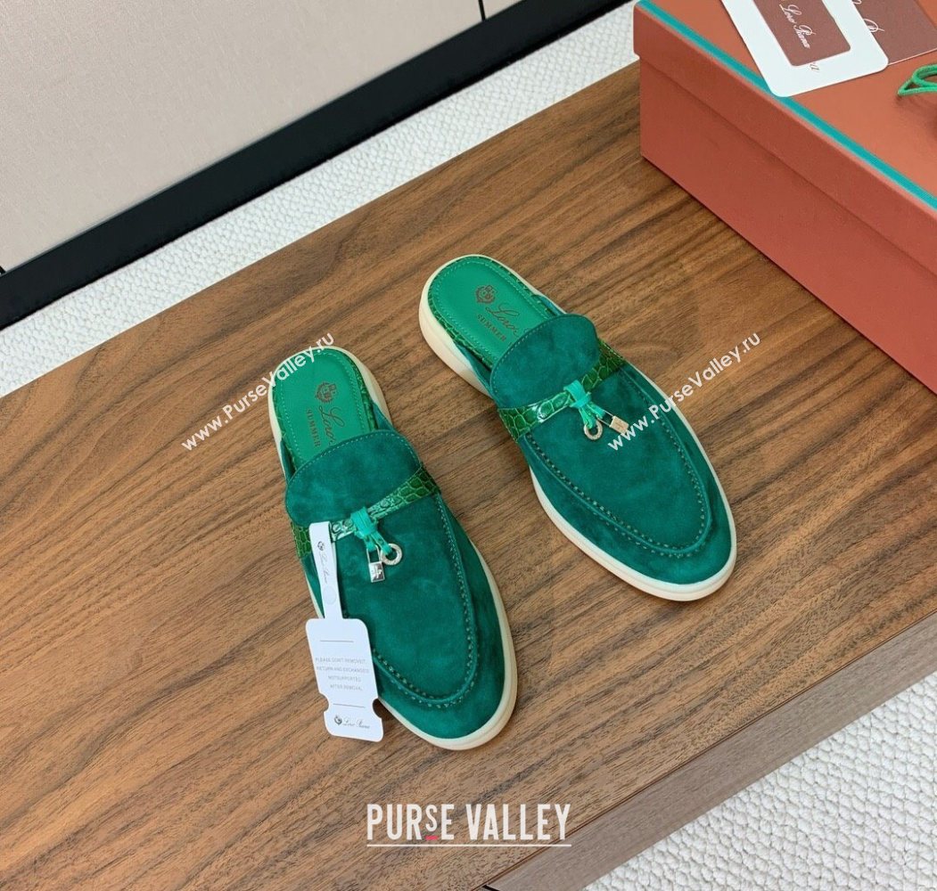 Loro Piana Charms Walk Babouche Loafer Mules in Suede and Crocodile-Like Leaher Inserts Dark Green 2025 (HH-250708014)