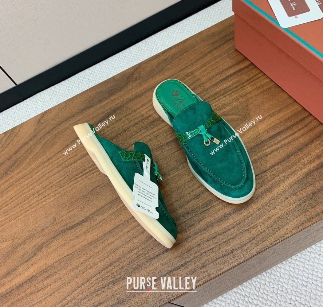Loro Piana Charms Walk Babouche Loafer Mules in Suede and Crocodile-Like Leaher Inserts Dark Green 2025 (HH-250708014)