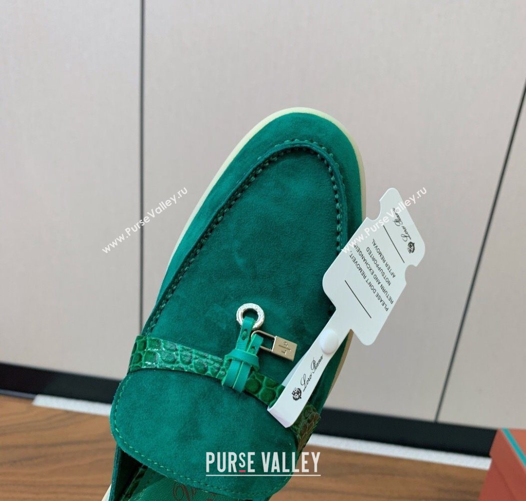 Loro Piana Charms Walk Babouche Loafer Mules in Suede and Crocodile-Like Leaher Inserts Dark Green 2025 (HH-250708014)