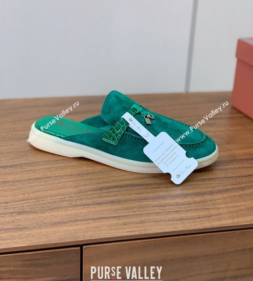 Loro Piana Charms Walk Babouche Loafer Mules in Suede and Crocodile-Like Leaher Inserts Dark Green 2025 (HH-250708014)