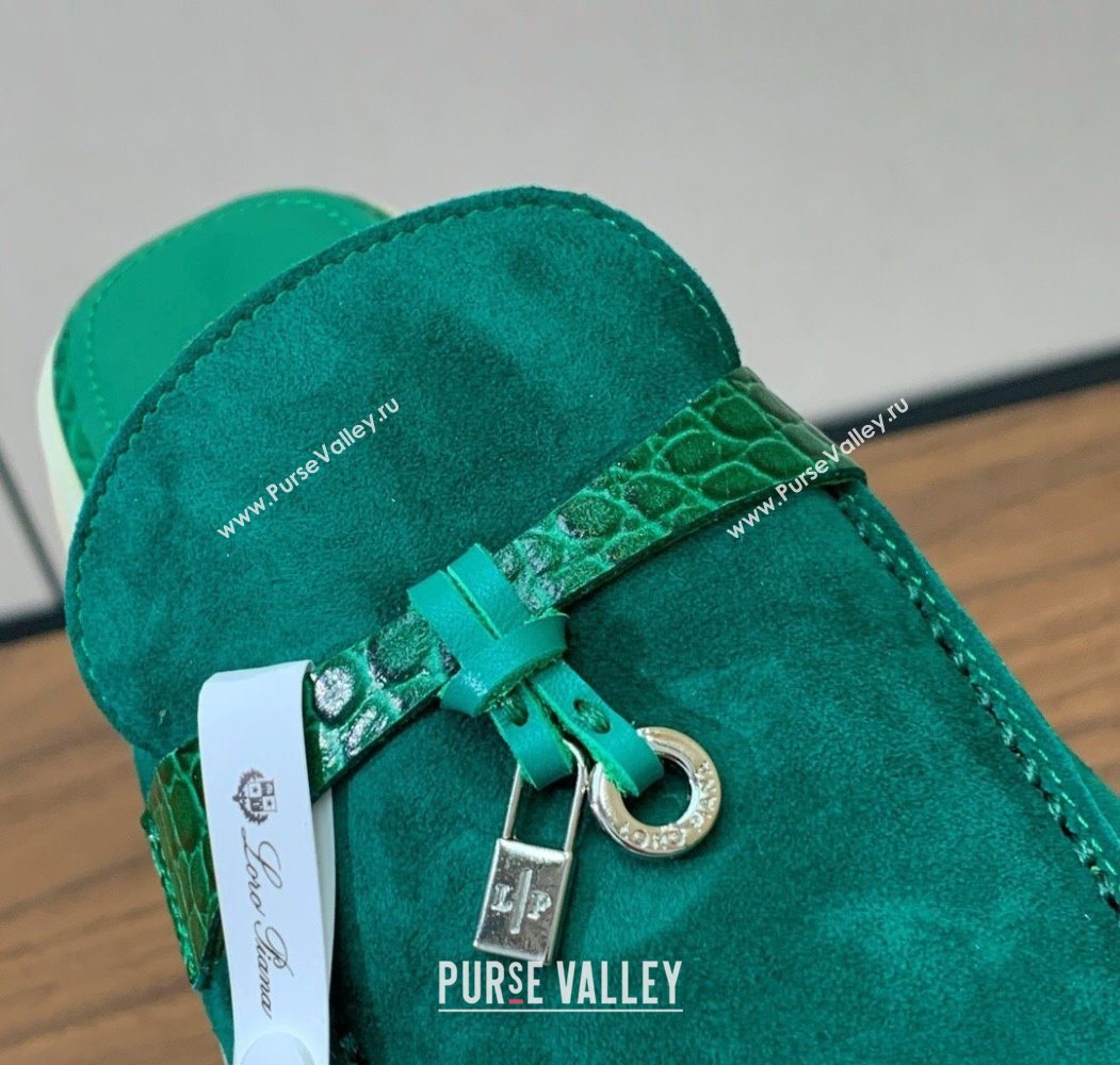 Loro Piana Charms Walk Babouche Loafer Mules in Suede and Crocodile-Like Leaher Inserts Dark Green 2025 (HH-250708014)