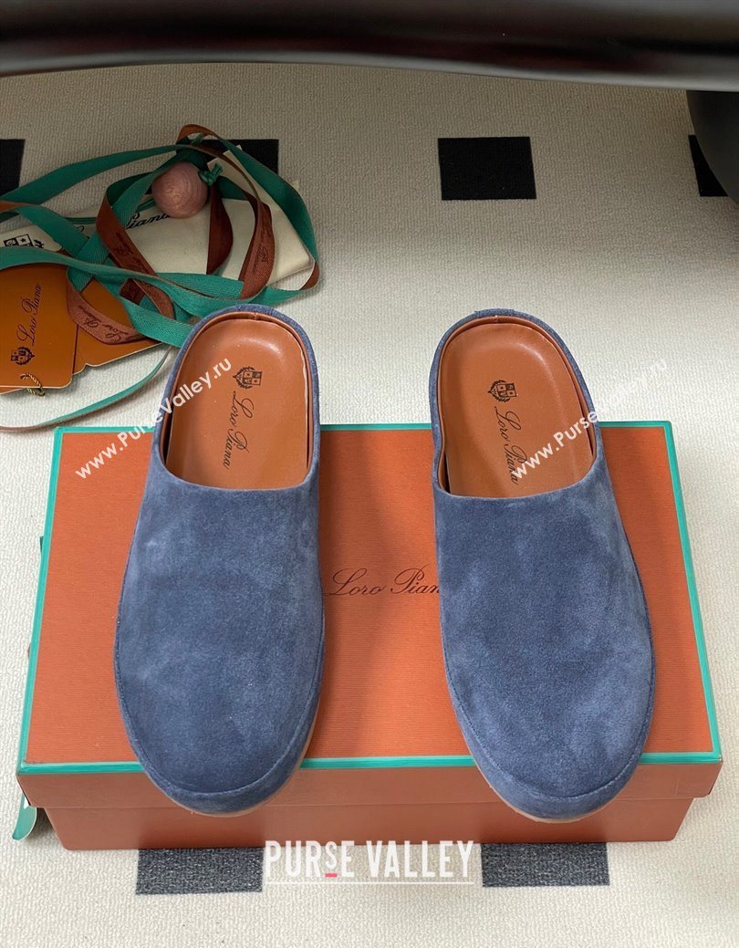 Loro Piana Tomori Sabot Flat Mules in Suede Blue 2025 (HH-250827008)