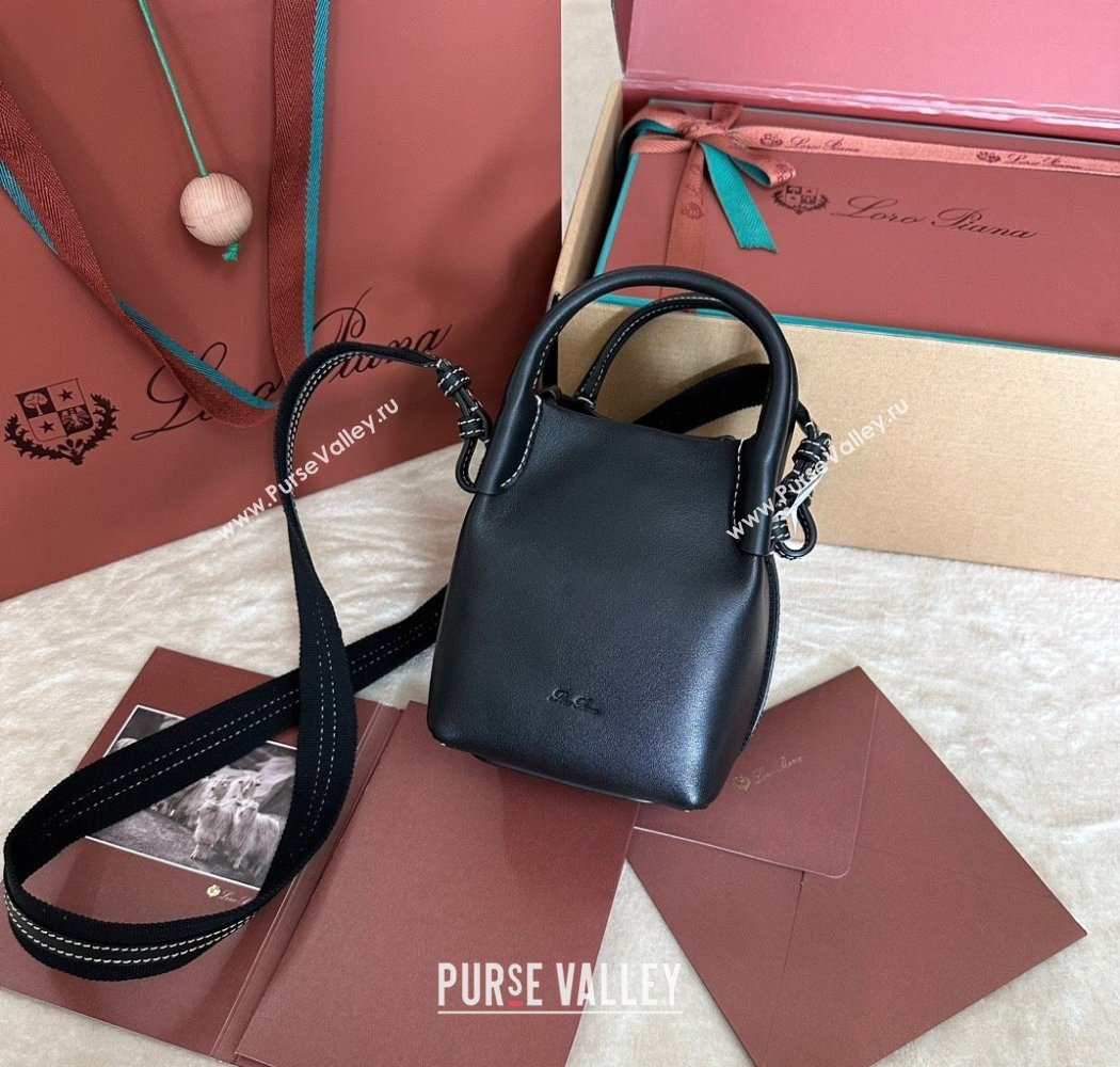 Loro Piana Small Bale Bucket Bag in Smooth Calfskin Leather Black 2025 0925 (XLU-250925061)