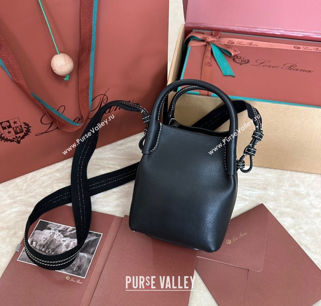 Loro Piana Small Bale Bucket Bag in Smooth Calfskin Leather Black 2025 0925 (XLU-250925061)