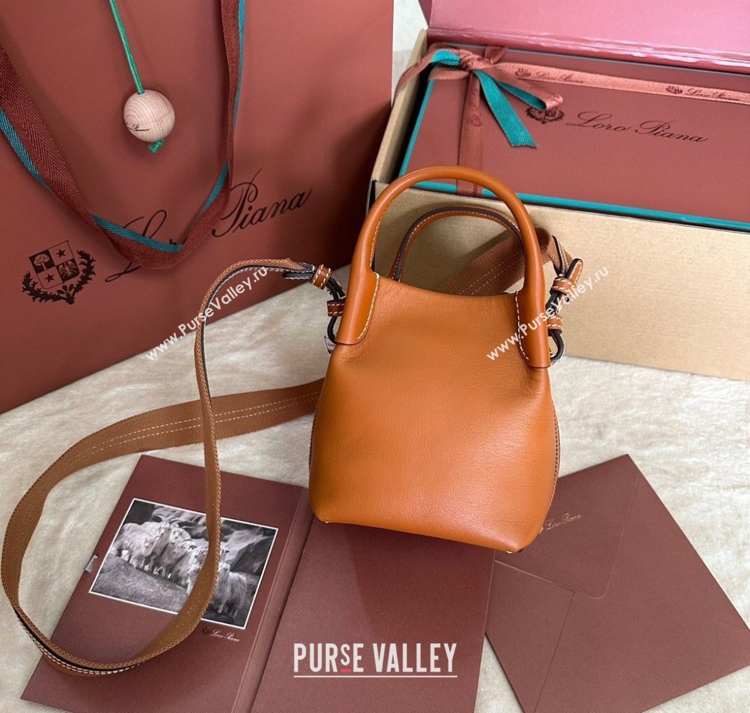 Loro Piana Small Bale Bucket Bag in Smooth Calfskin Leather Brown 2025 0925 (XLU-250925062)