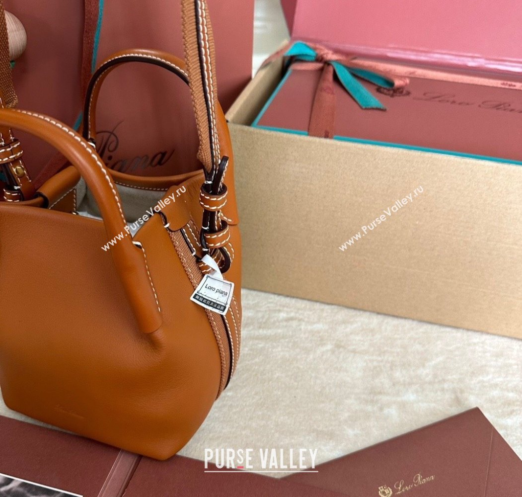 Loro Piana Small Bale Bucket Bag in Smooth Calfskin Leather Brown 2025 0925 (XLU-250925062)