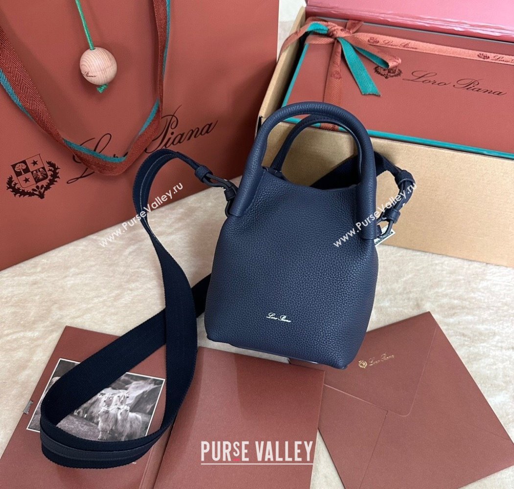 Loro Piana Small Bale Bucket Bag in Grained Calfskin Leather Midnight Blue 2025 0925 (XLU-250925063)