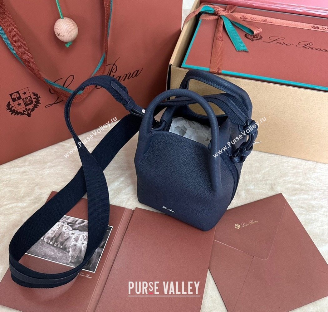 Loro Piana Small Bale Bucket Bag in Grained Calfskin Leather Midnight Blue 2025 0925 (XLU-250925063)
