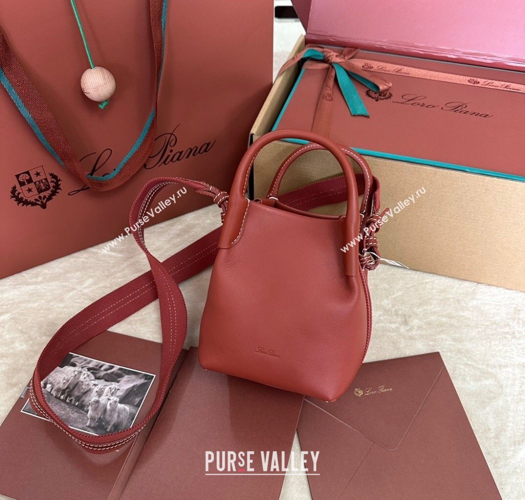 Loro Piana Small Bale Bucket Bag in Smooth Calfskin Leather Red 2025 0925 (XLU-250925068)