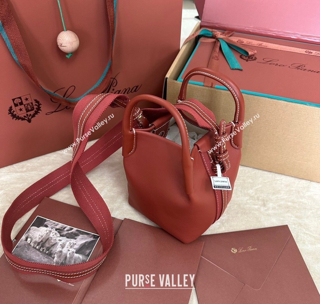 Loro Piana Small Bale Bucket Bag in Smooth Calfskin Leather Red 2025 0925 (XLU-250925068)
