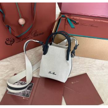 Loro Piana Small Bale Bucket Bag in Canvas Calfskin Leather White/Blue 2025 0925 (XLU-250925070)