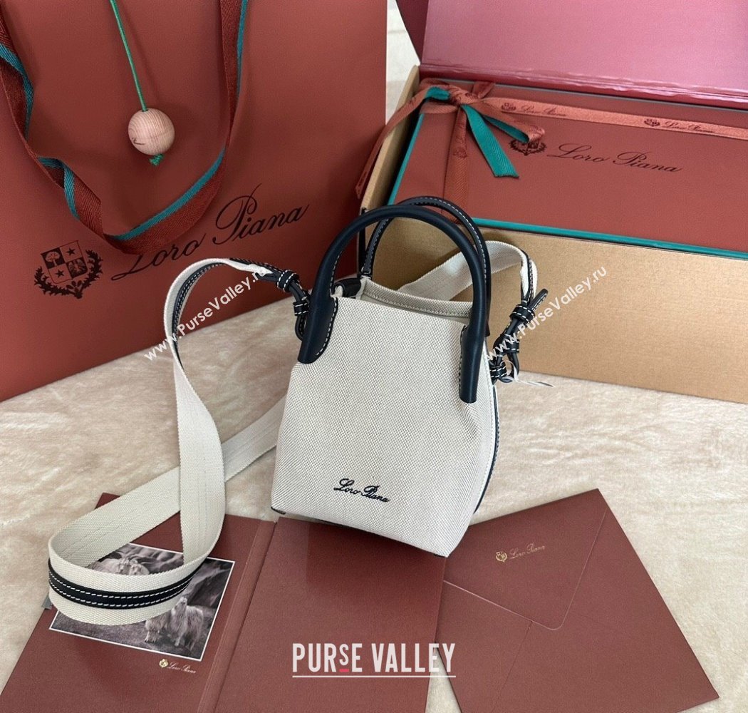 Loro Piana Small Bale Bucket Bag in Canvas Calfskin Leather White/Blue 2025 0925 (XLU-250925070)
