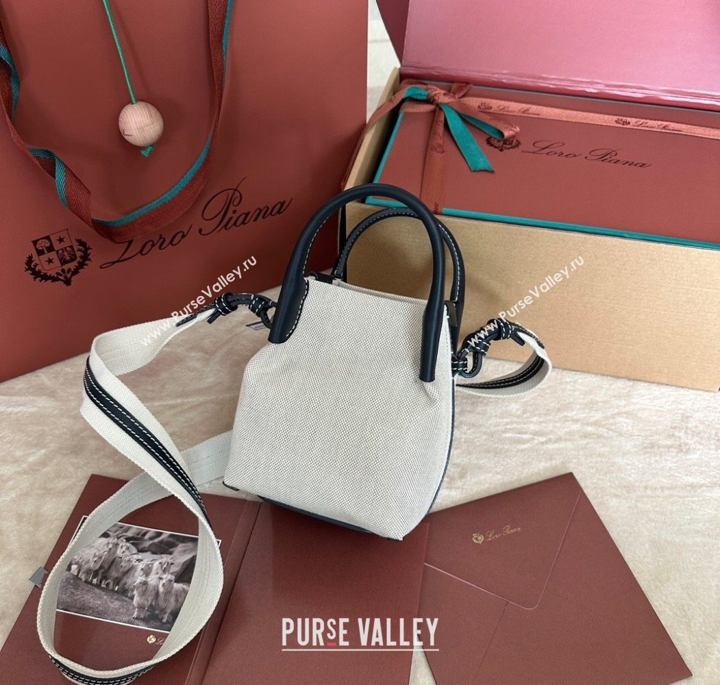 Loro Piana Small Bale Bucket Bag in Canvas Calfskin Leather White/Blue 2025 0925 (XLU-250925070)