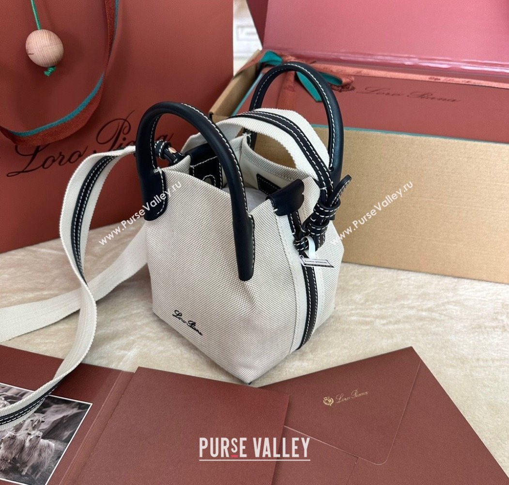 Loro Piana Small Bale Bucket Bag in Canvas Calfskin Leather White/Blue 2025 0925 (XLU-250925070)