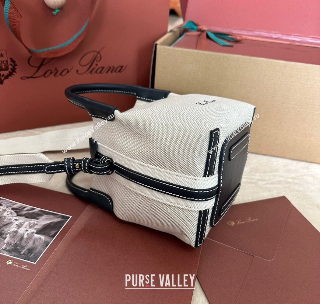 Loro Piana Small Bale Bucket Bag in Canvas Calfskin Leather White/Blue 2025 0925 (XLU-250925070)