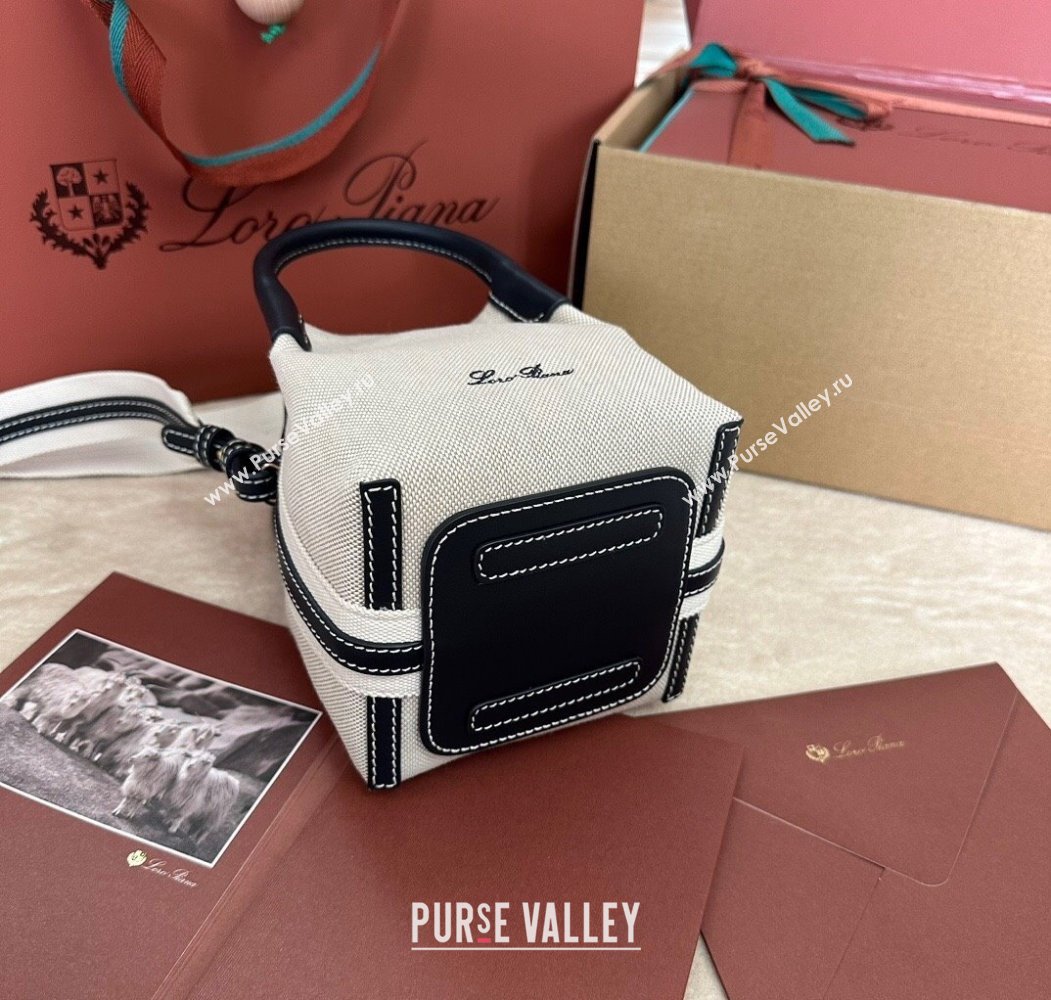 Loro Piana Small Bale Bucket Bag in Canvas Calfskin Leather White/Blue 2025 0925 (XLU-250925070)