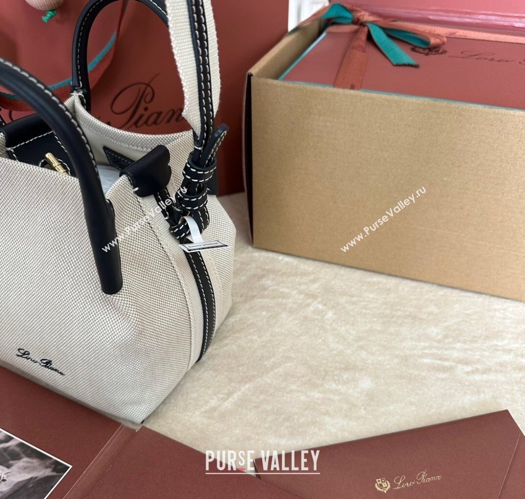 Loro Piana Small Bale Bucket Bag in Canvas Calfskin Leather White/Blue 2025 0925 (XLU-250925070)