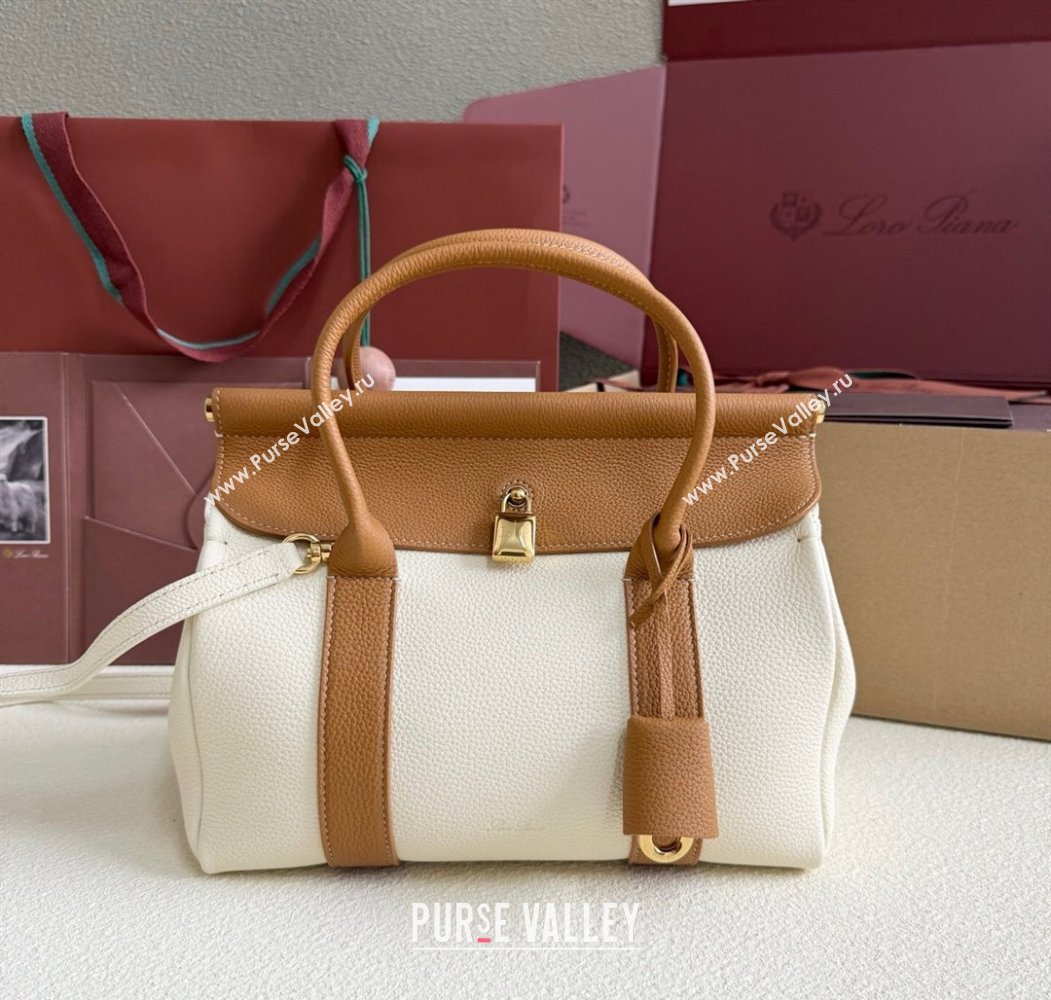Loro Piana Loom Top Handle bag L25 in Grained Calfskin Leather White/Brown 2025 0925 (XLU-250925083)