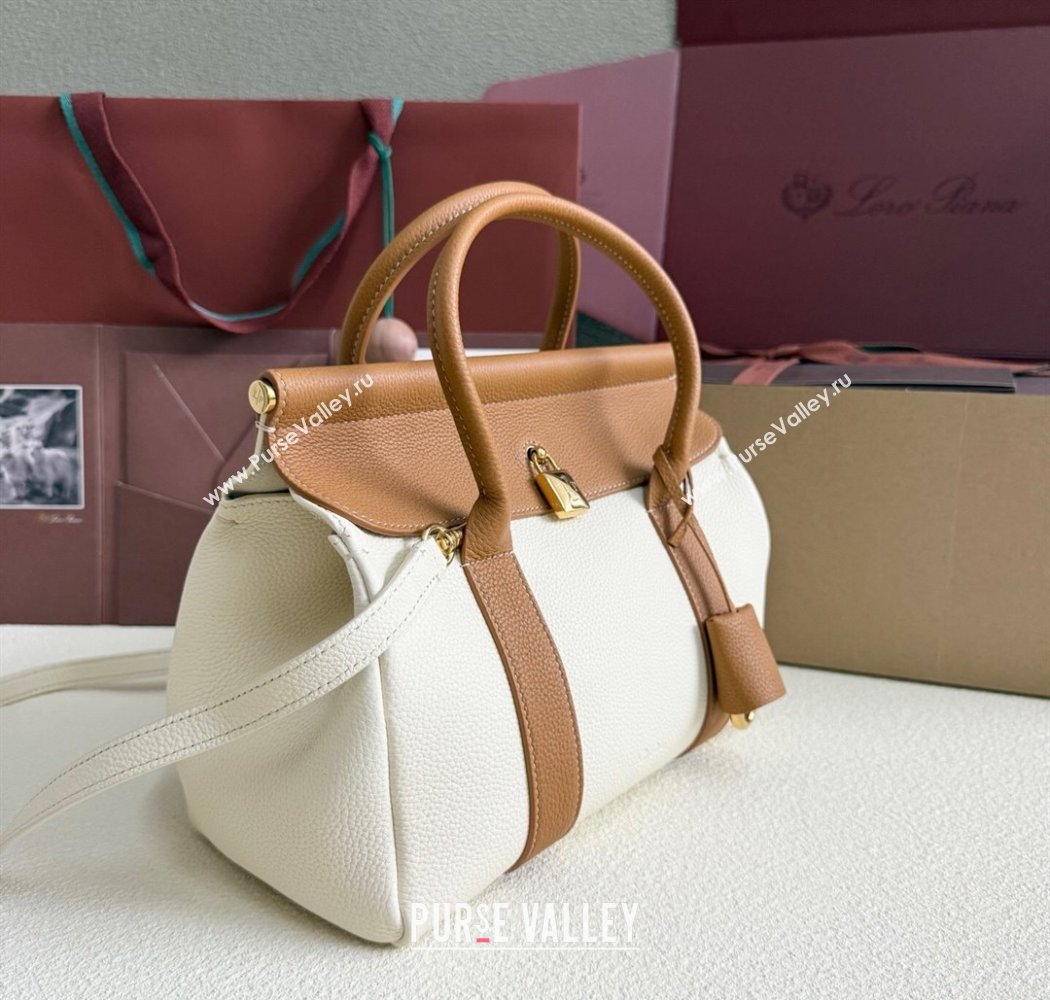 Loro Piana Loom Top Handle bag L25 in Grained Calfskin Leather White/Brown 2025 0925 (XLU-250925083)