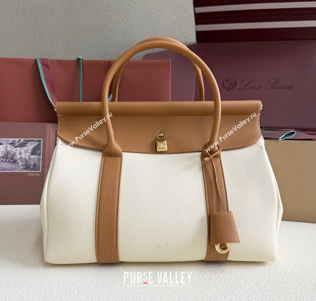 Loro Piana Loom Top Handle bag L32 in Grained Calfskin Leather White/Brown 2025 0925 (XLU-250925096)