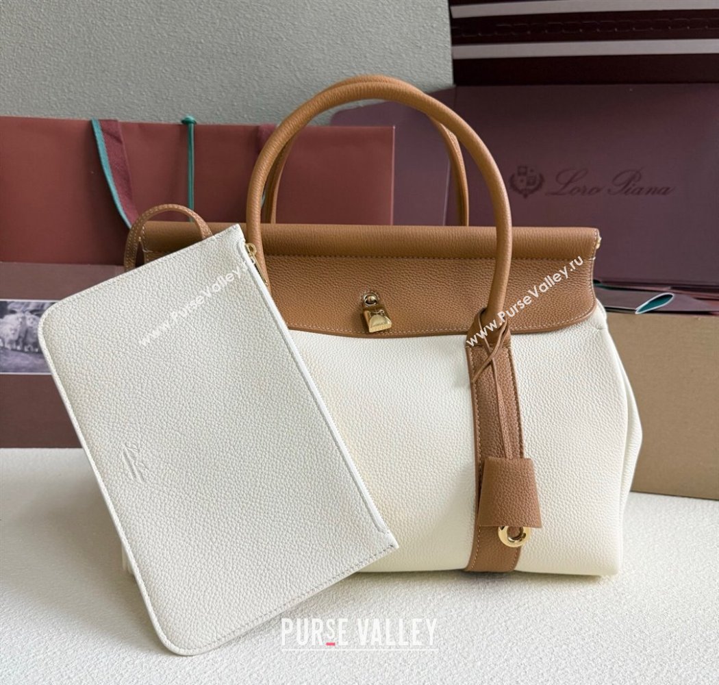 Loro Piana Loom Top Handle bag L32 in Grained Calfskin Leather White/Brown 2025 0925 (XLU-250925096)