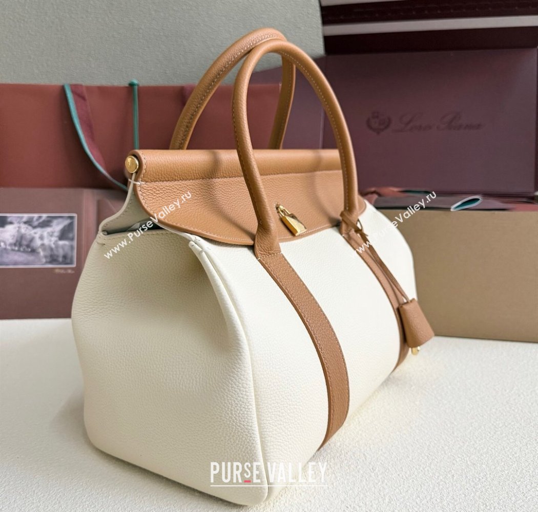 Loro Piana Loom Top Handle bag L32 in Grained Calfskin Leather White/Brown 2025 0925 (XLU-250925096)