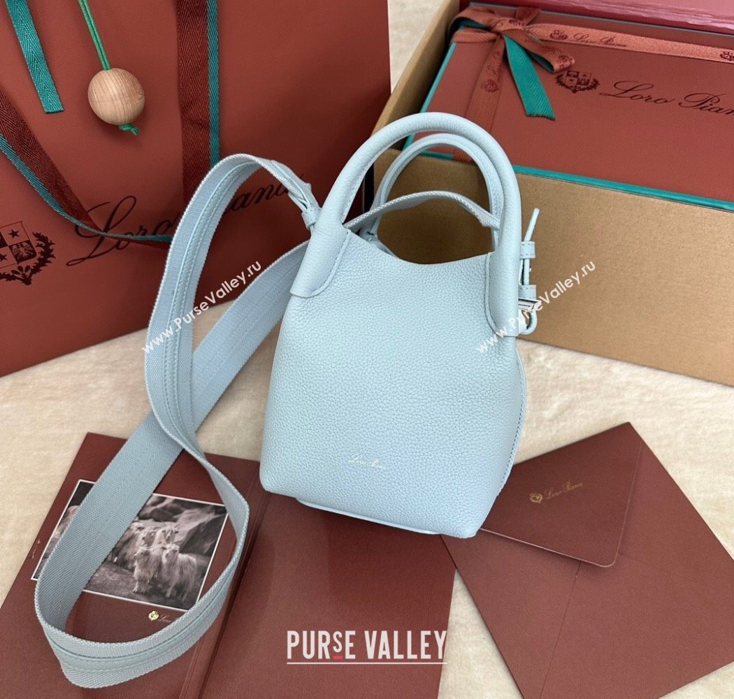 Loro Piana Small Bale Bucket Bag in Grained Calfskin Leather Light Blue 2025 0925 (XLU-250925058)