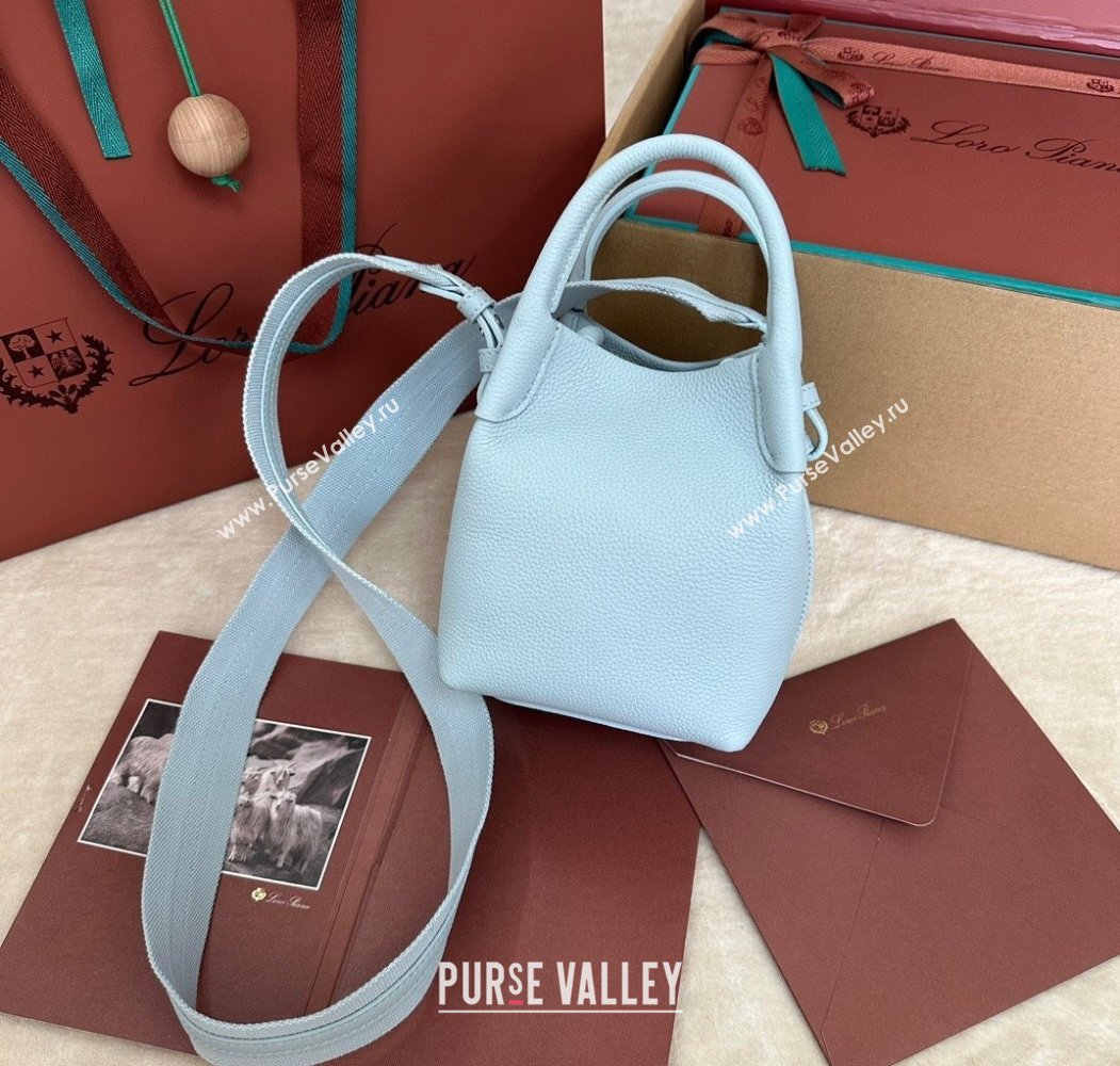Loro Piana Small Bale Bucket Bag in Grained Calfskin Leather Light Blue 2025 0925 (XLU-250925058)