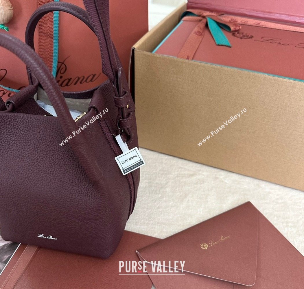Loro Piana Small Bale Bucket Bag in Grained Calfskin Leather Ormosia Red 2025 0925 (XLU-250925059)