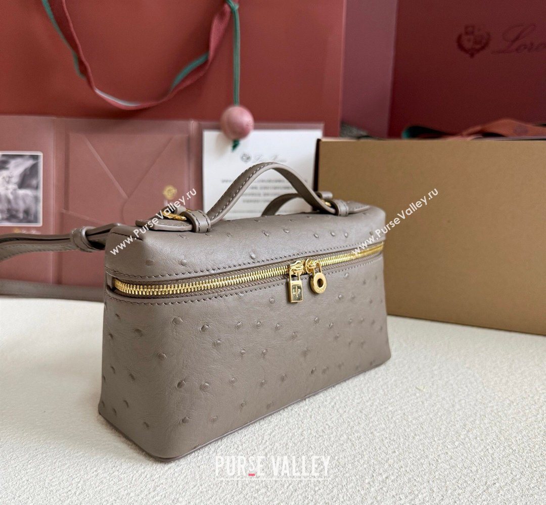 Loro Piana LP Extra Pocket Pouch L19 in Ostrich Embossed Leather Taupe/Gold 2026 FAI8393 (YY-260408014)