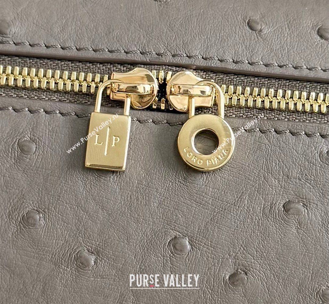 Loro Piana LP Extra Pocket Pouch L19 in Ostrich Embossed Leather Taupe/Gold 2026 FAI8393 (YY-260408014)