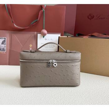 Loro Piana LP Extra Pocket Pouch L19 in Ostrich Embossed Leather Taupe/Silver 2026 FAI8393 (YY-260408015)