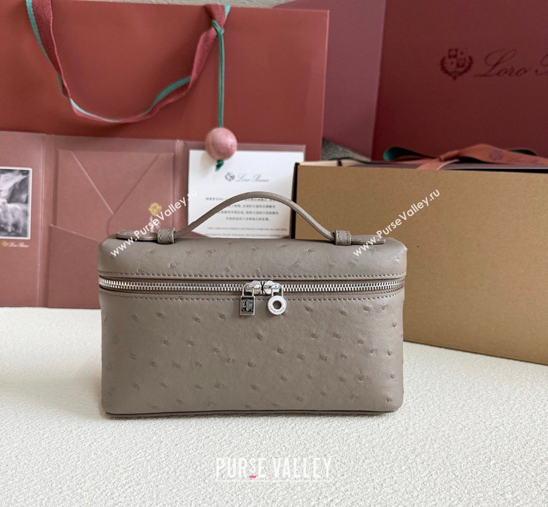 Loro Piana LP Extra Pocket Pouch L19 in Ostrich Embossed Leather Taupe/Silver 2026 FAI8393 (YY-260408015)