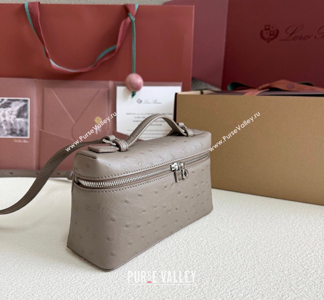 Loro Piana LP Extra Pocket Pouch L19 in Ostrich Embossed Leather Taupe/Silver 2026 FAI8393 (YY-260408015)