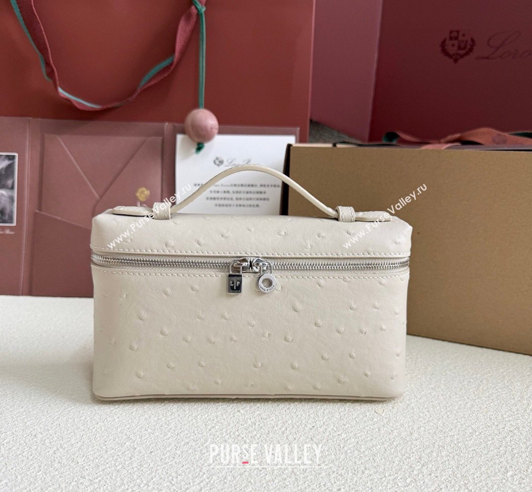 Loro Piana LP Extra Pocket Pouch L19 in Ostrich Embossed Leather Light Beige/Silver 2026 FAI8393 (YY-260408018)