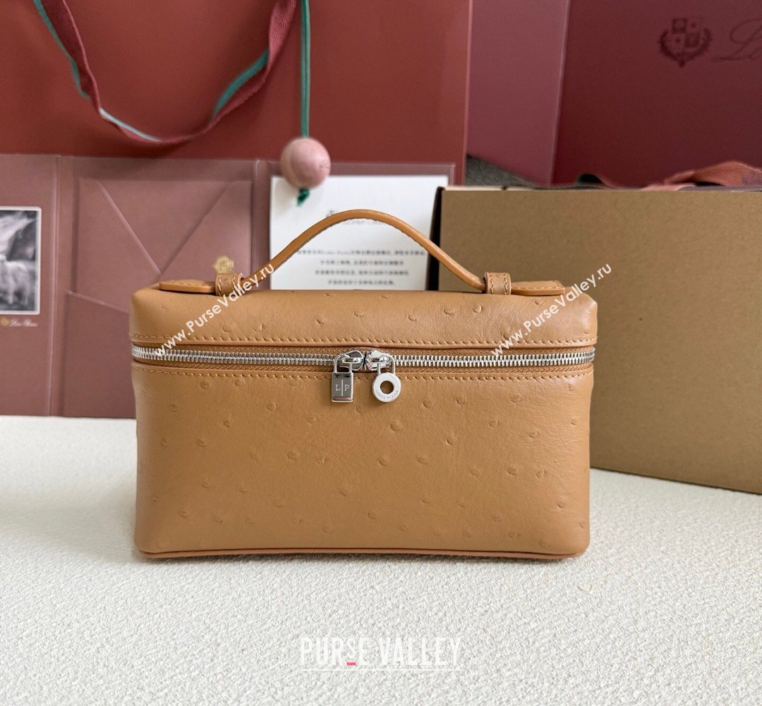 Loro Piana LP Extra Pocket Pouch L19 in Ostrich Embossed Leather Brown/Silver 2026 FAI8393 (YY-260408022)