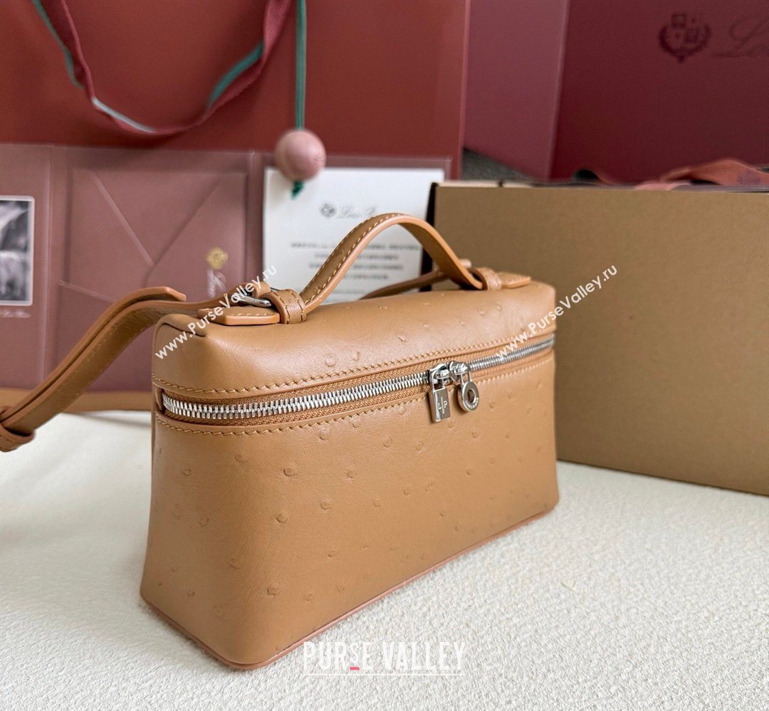 Loro Piana LP Extra Pocket Pouch L19 in Ostrich Embossed Leather Brown/Silver 2026 FAI8393 (YY-260408022)