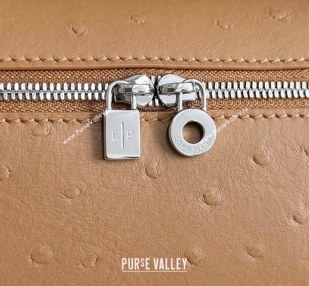 Loro Piana LP Extra Pocket Pouch L19 in Ostrich Embossed Leather Brown/Silver 2026 FAI8393 (YY-260408022)