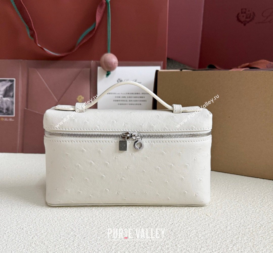 Loro Piana LP Extra Pocket Pouch L19 in Ostrich Embossed Leather White/Silver 2026 FAI8393 (YY-260408025)