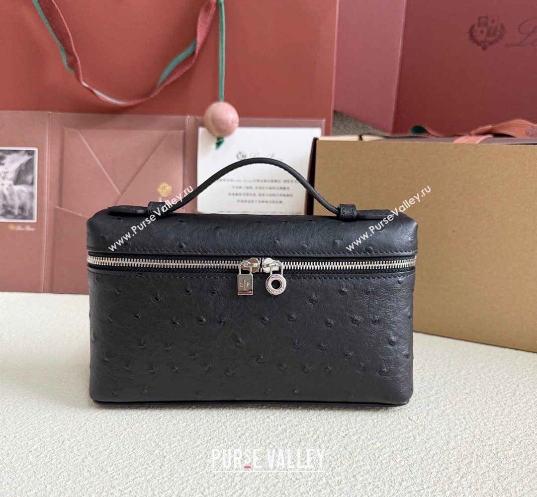 Loro Piana LP Extra Pocket Pouch L19 in Ostrich Embossed Leather Black/Silver 2026 FAI8393 (YY-260408027)
