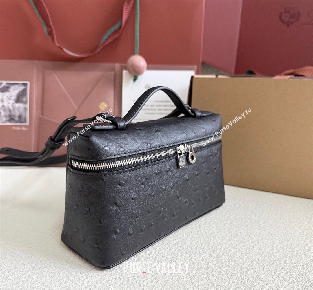 Loro Piana LP Extra Pocket Pouch L19 in Ostrich Embossed Leather Black/Silver 2026 FAI8393 (YY-260408027)