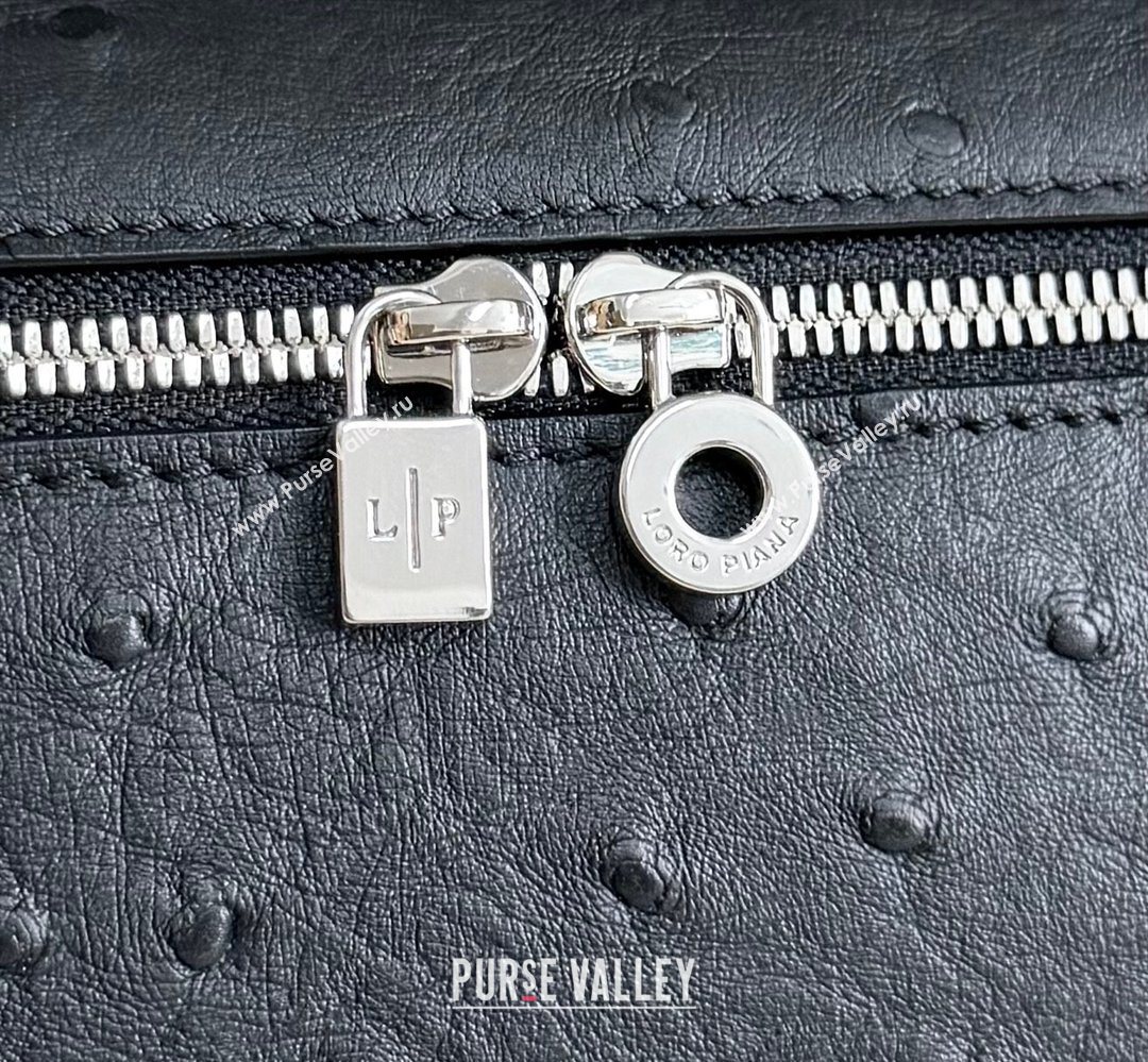 Loro Piana LP Extra Pocket Pouch L19 in Ostrich Embossed Leather Black/Silver 2026 FAI8393 (YY-260408027)